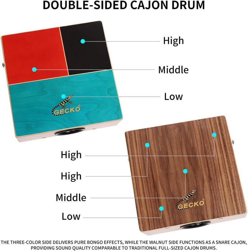GECKO Cajon Drum Dual Sided Wooden Cajon with Bongo and Guitar String Sounds Portable Hand Percussion for Beginners and Professional Drummers Birch and Walnut Includes Carry Bag - Image 3